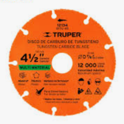 Disco de carburo de tungsteno multimaterial 4 1/2 TRUPER - cemento, madera y fierro