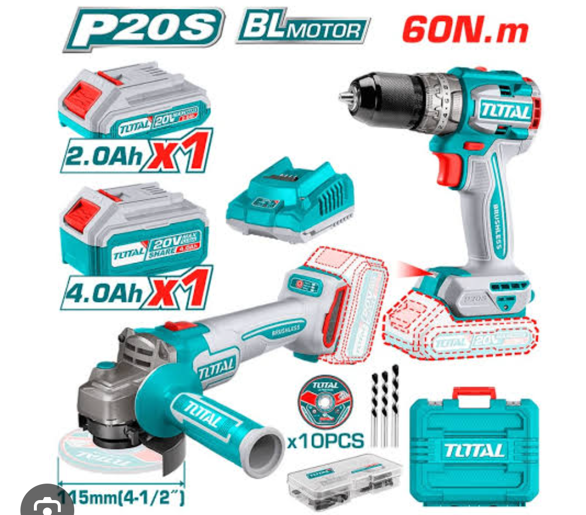 Taladro Percutor de impacto 60NM + Esmeril Amoladora Angular 4 ½” 20V BRUSHLESS TOTAL / TCKLI20273